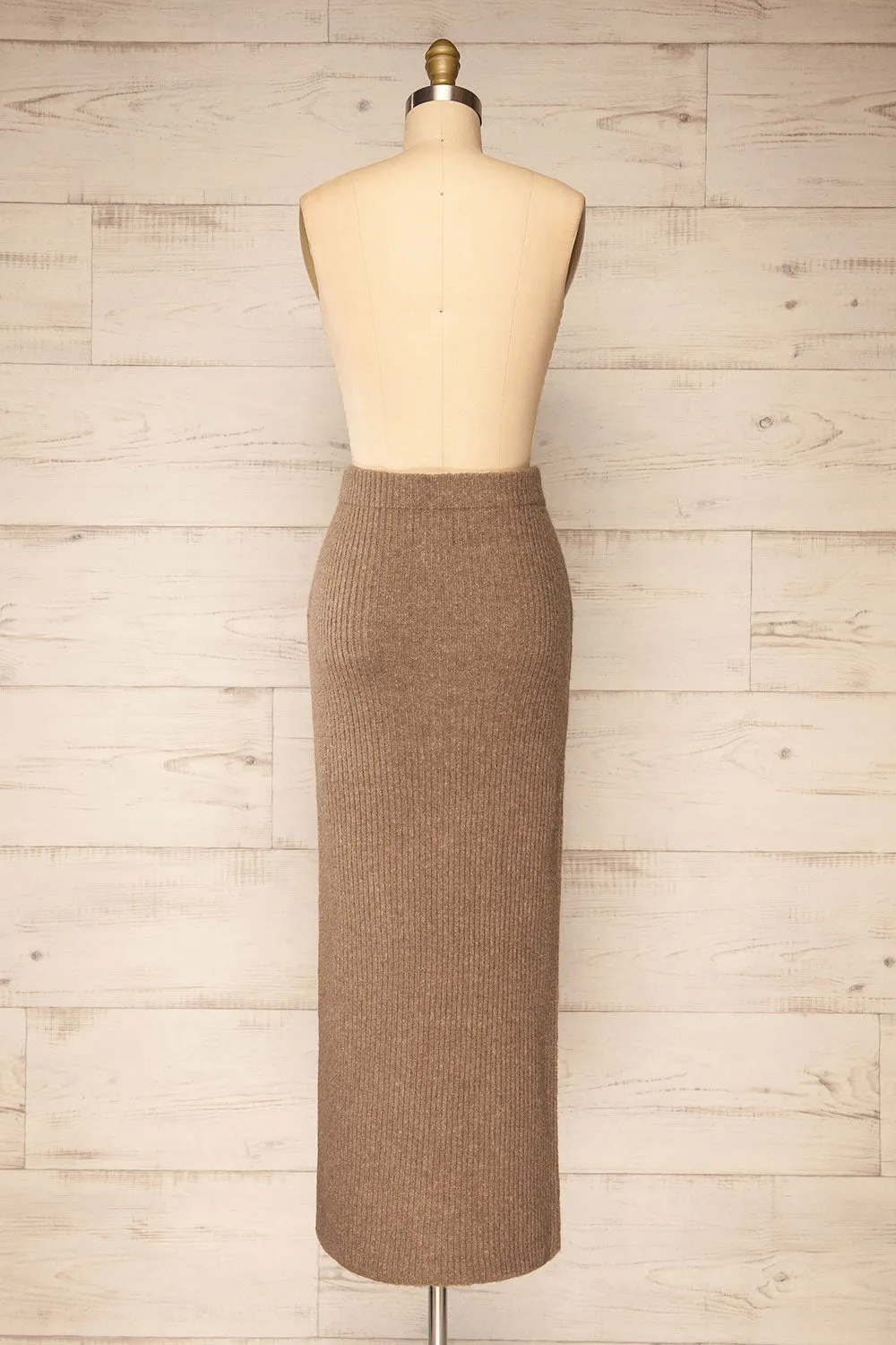 Yarrowford Taupe | Long Ribbed Knit Skirt w/ Slit