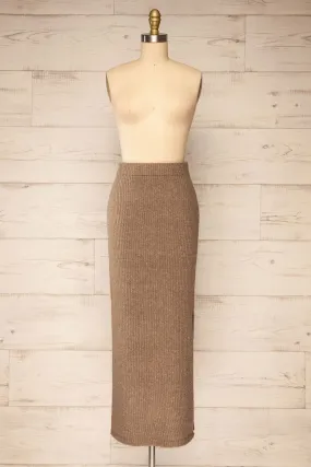 Yarrowford Taupe | Long Ribbed Knit Skirt w/ Slit