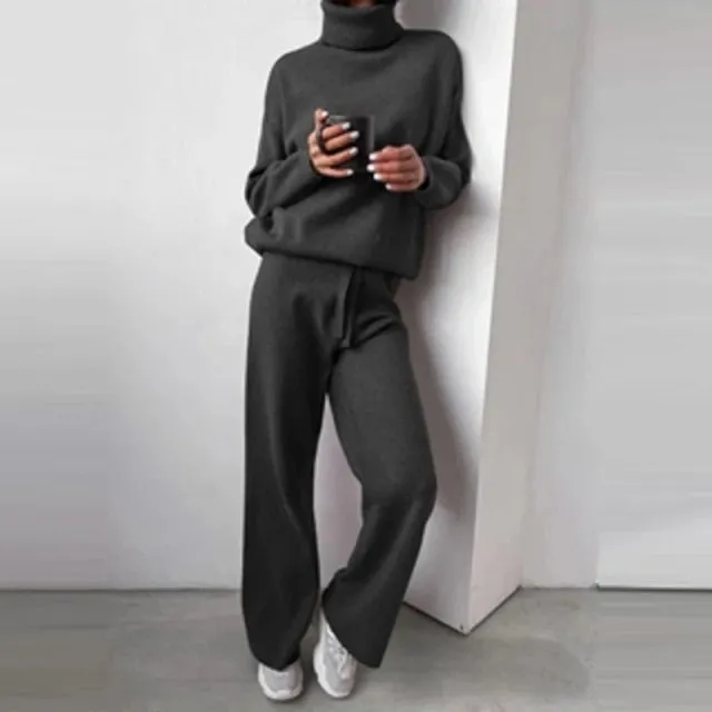 Yeknu 2 Pieces Set Women Knitted Tracksuit Turtleneck Sweater   Wide-Leg Straight Pants Suit Solid Sweater Set Casual Knitted Outwear