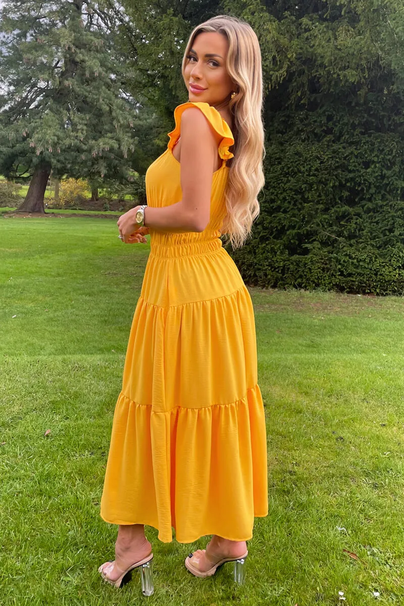 Yellow Frill Strap Tiered Midi Dress