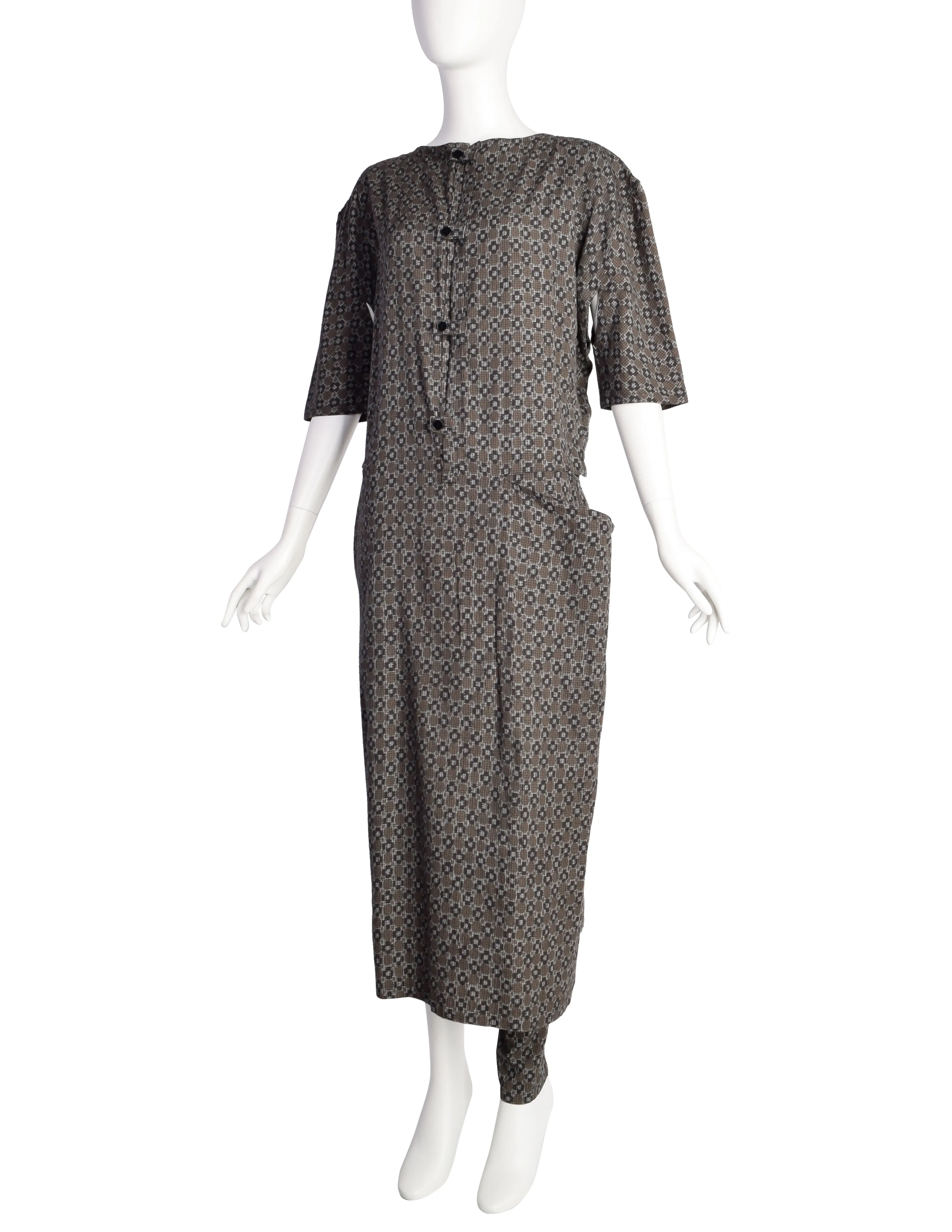 Yohji Yamamoto SS 1984 Brown Green Blue Patterned Cotton Dress with Single Leg