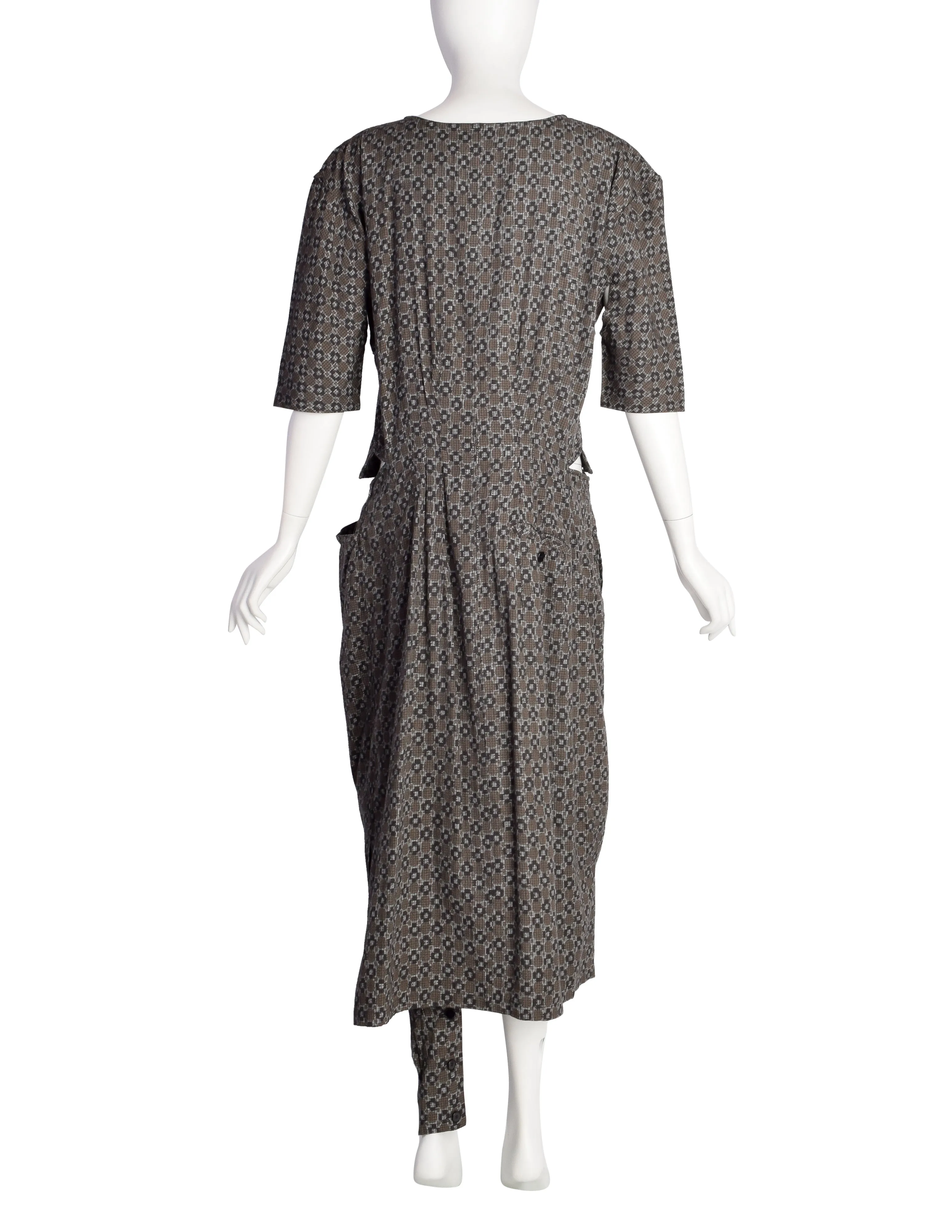 Yohji Yamamoto SS 1984 Brown Green Blue Patterned Cotton Dress with Single Leg